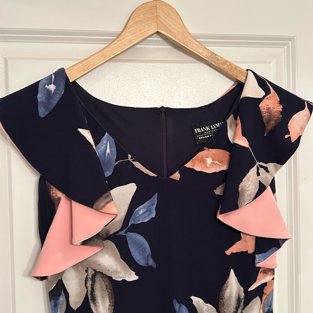 Frank Lyman navy blue and floral cocktail dress. Size 6